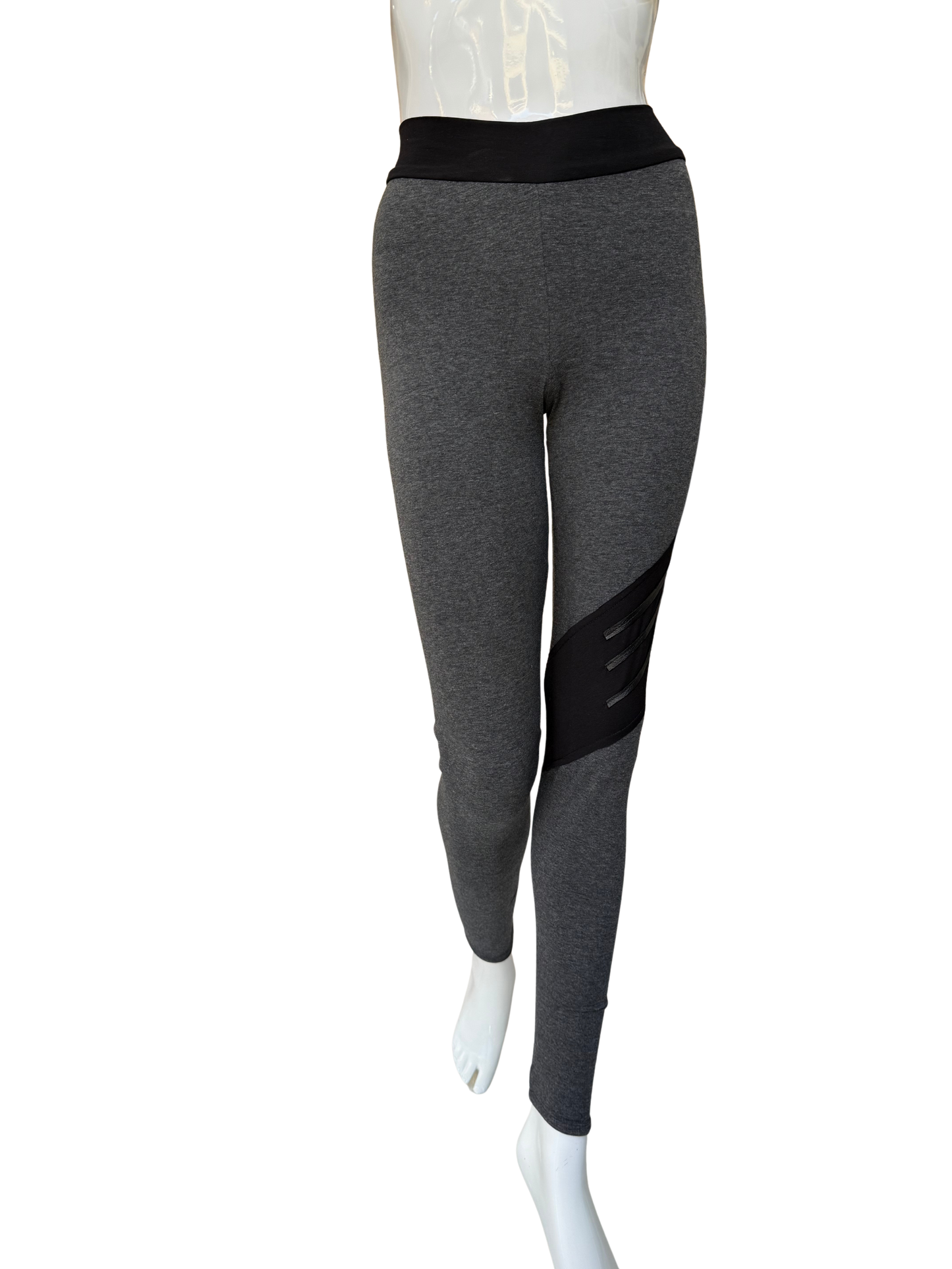 Front view of bold cotton lycra leggings in charcoal featuring diagonal washable leather trim panel and contrasting black waistband with full-length fit