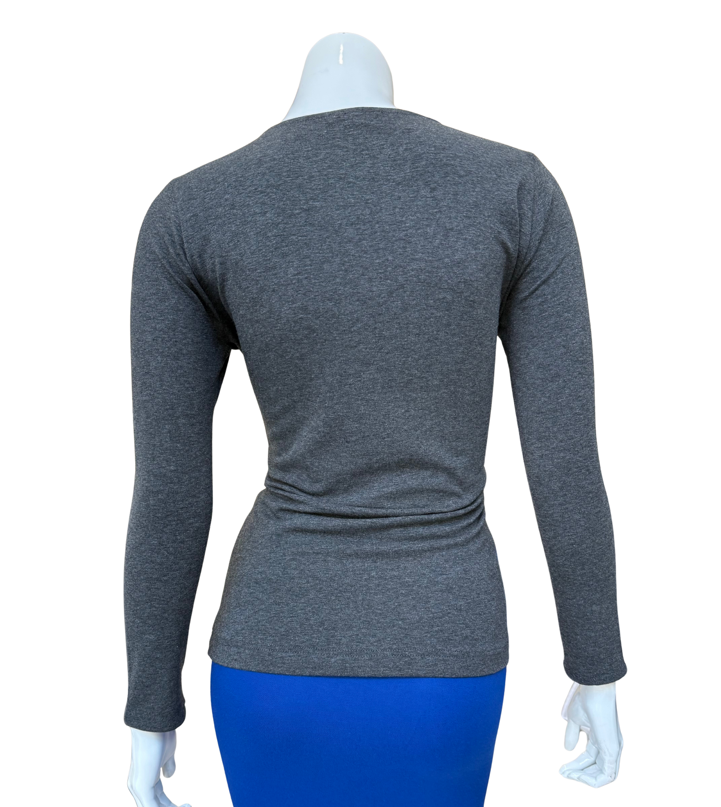 Back view of charcoal cotton lycra top showing clean construction and comfortable stretch fit with quality fabric and sophisticated silhouette