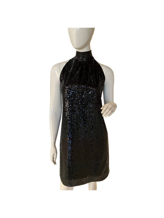 Black sequined midi dress with pleated halter neckline and adjustable tie straps displayed on mannequin for sophisticated social occasions