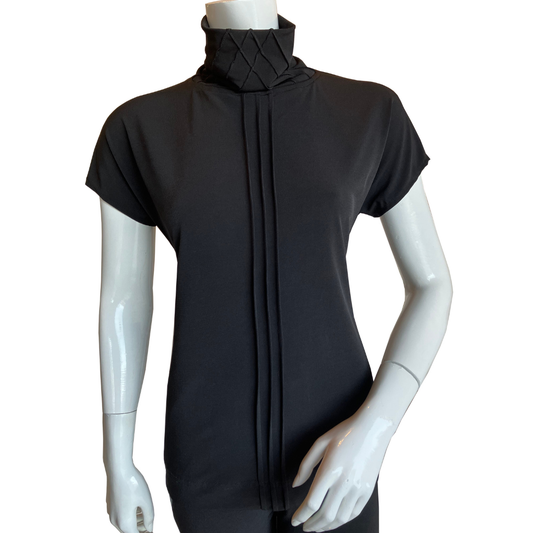 Black Sari Top featuring sophisticated mock neck with distinctive pin tuck and pleat detailing and relaxed cap sleeves