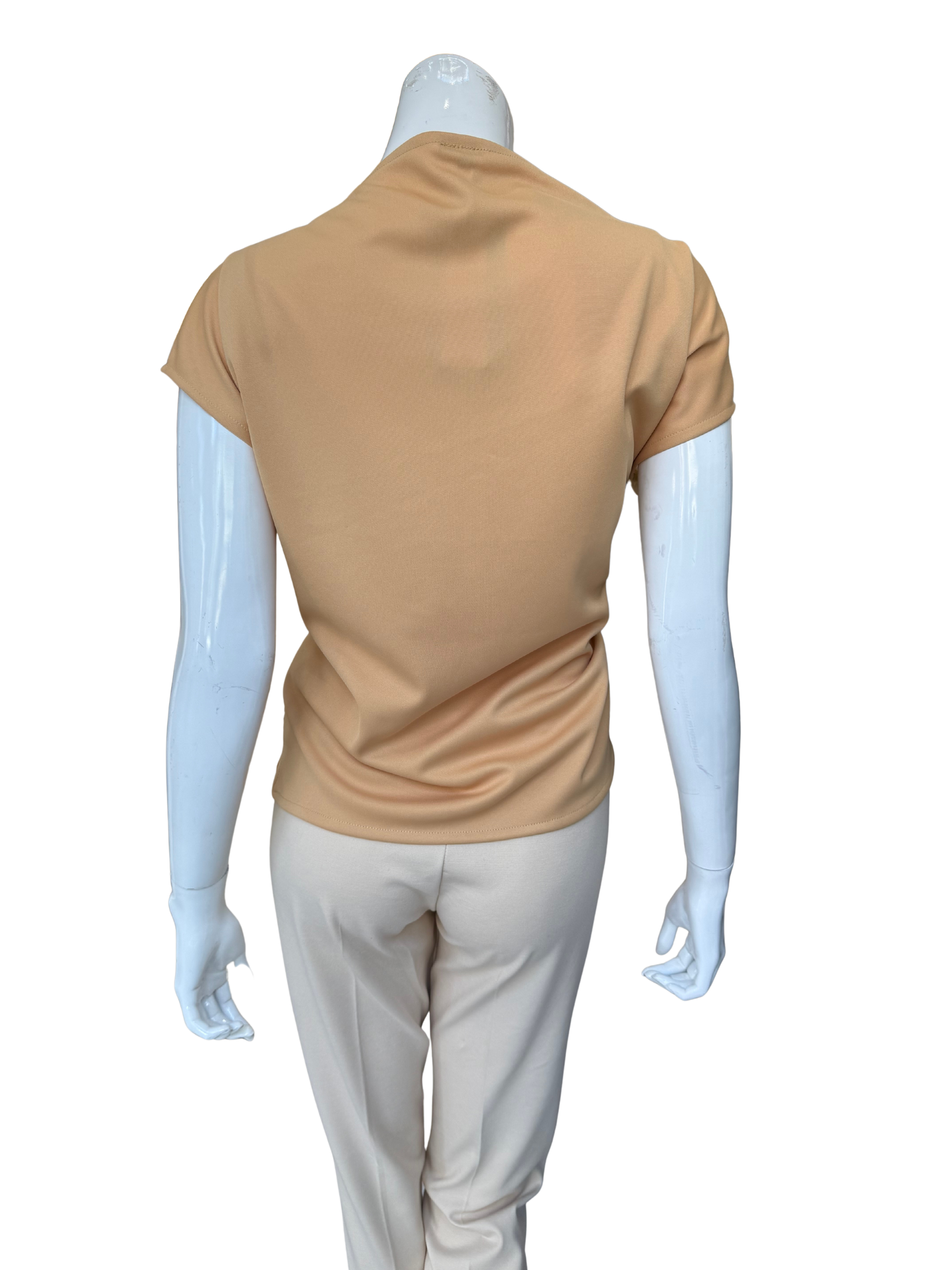 Back view of camel watercolor blouse showing solid coordinating base and relaxed fit with quality construction and comfortable styling proportions