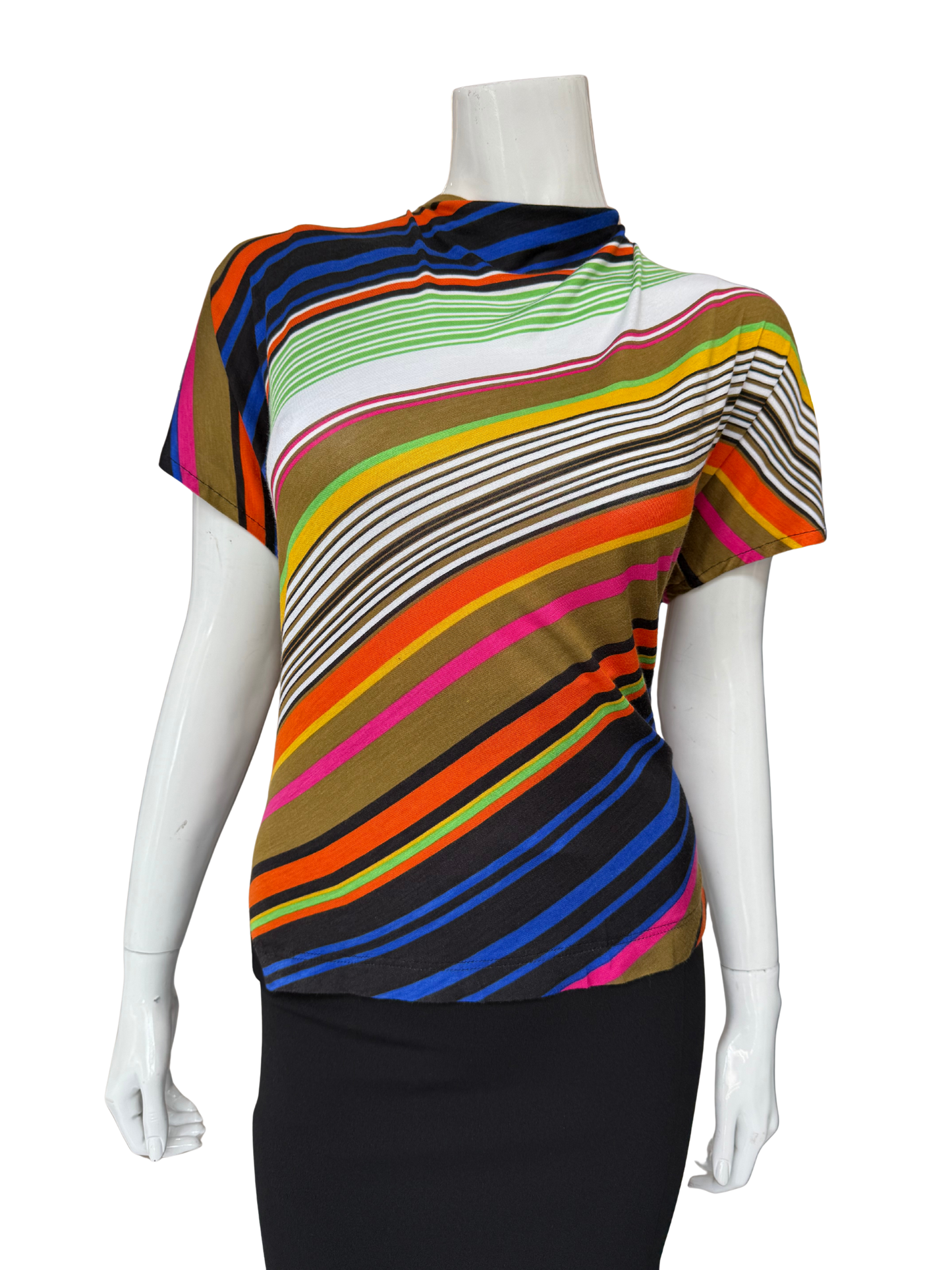 Front view of multi-stripe asymmetrical tee featuring vibrant blues, greens, oranges and pinks in flowing diagonal pattern with modern neckline and statement design