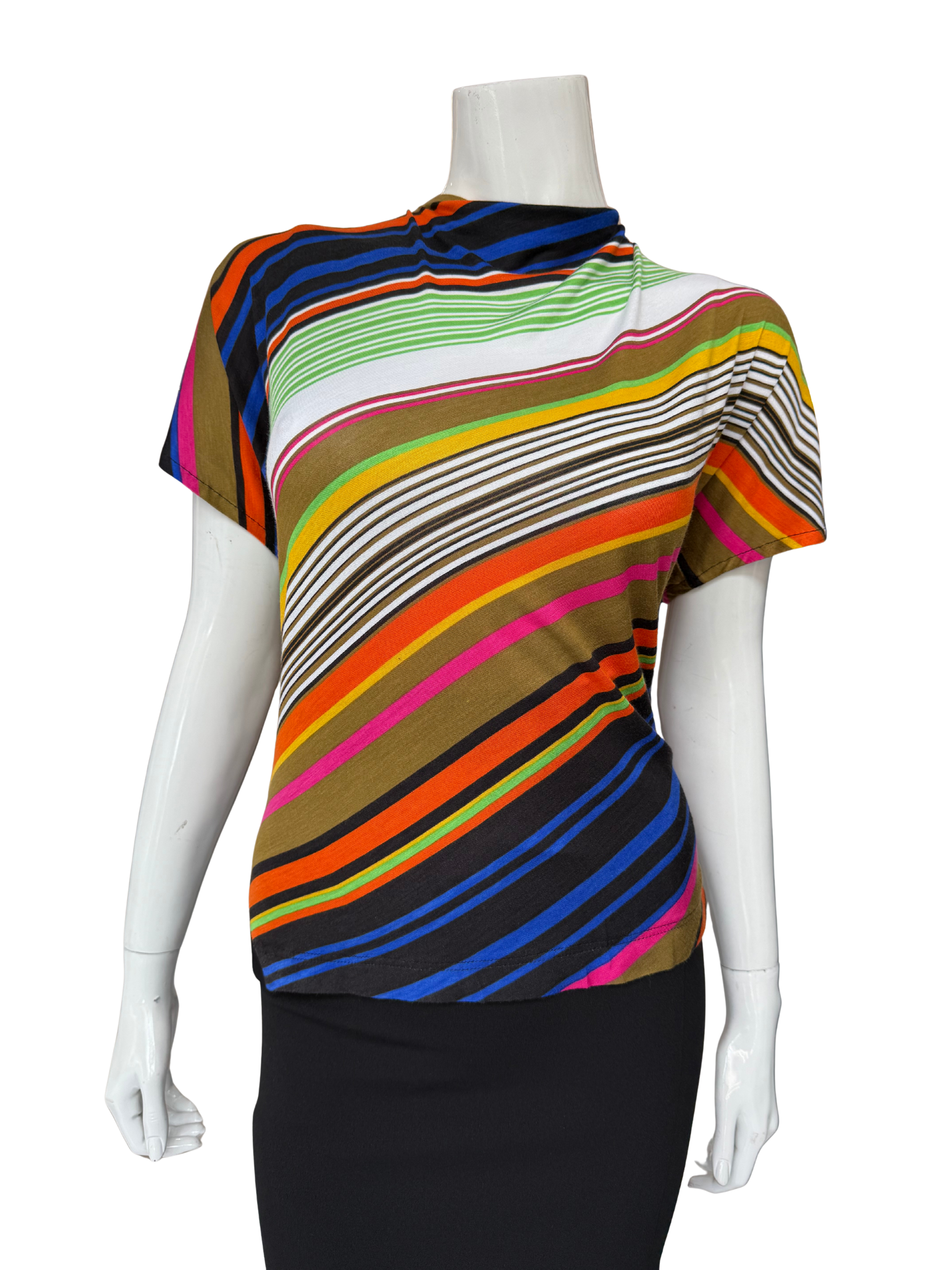 Front view of multi-stripe asymmetrical tee featuring vibrant blues, greens, oranges and pinks in flowing diagonal pattern with modern neckline and statement design