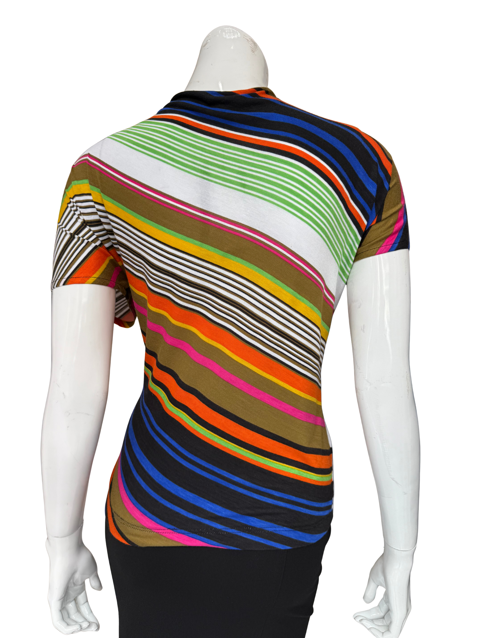 Back view of vibrant multi-stripe tee showing dynamic diagonal pattern in bold colors with asymmetrical design and cap sleeve construction