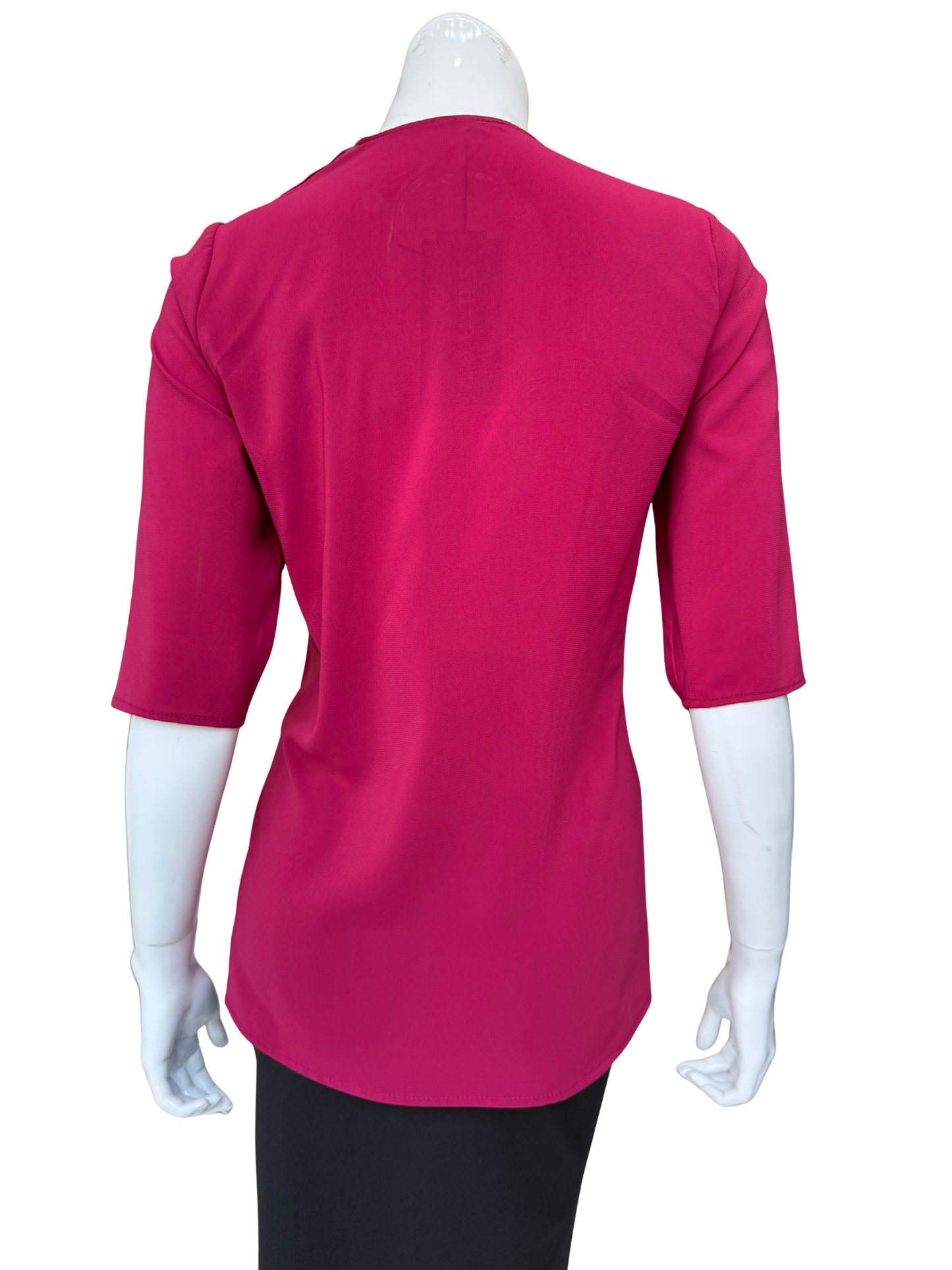 Back view of bold cranberry stretch chiffon blouse showing clean construction and 3/4 sleeves with vibrant color and quality fabric details