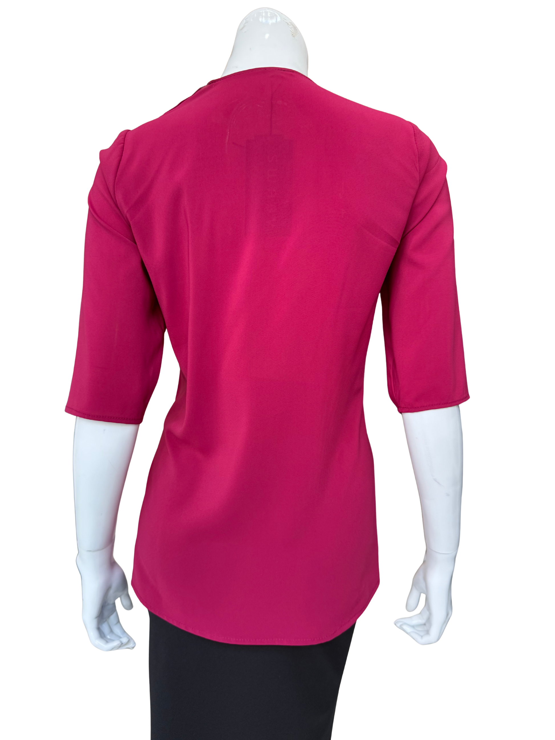 Back view of bold cranberry stretch chiffon blouse showing clean construction and 3/4 sleeves with vibrant color and quality fabric details