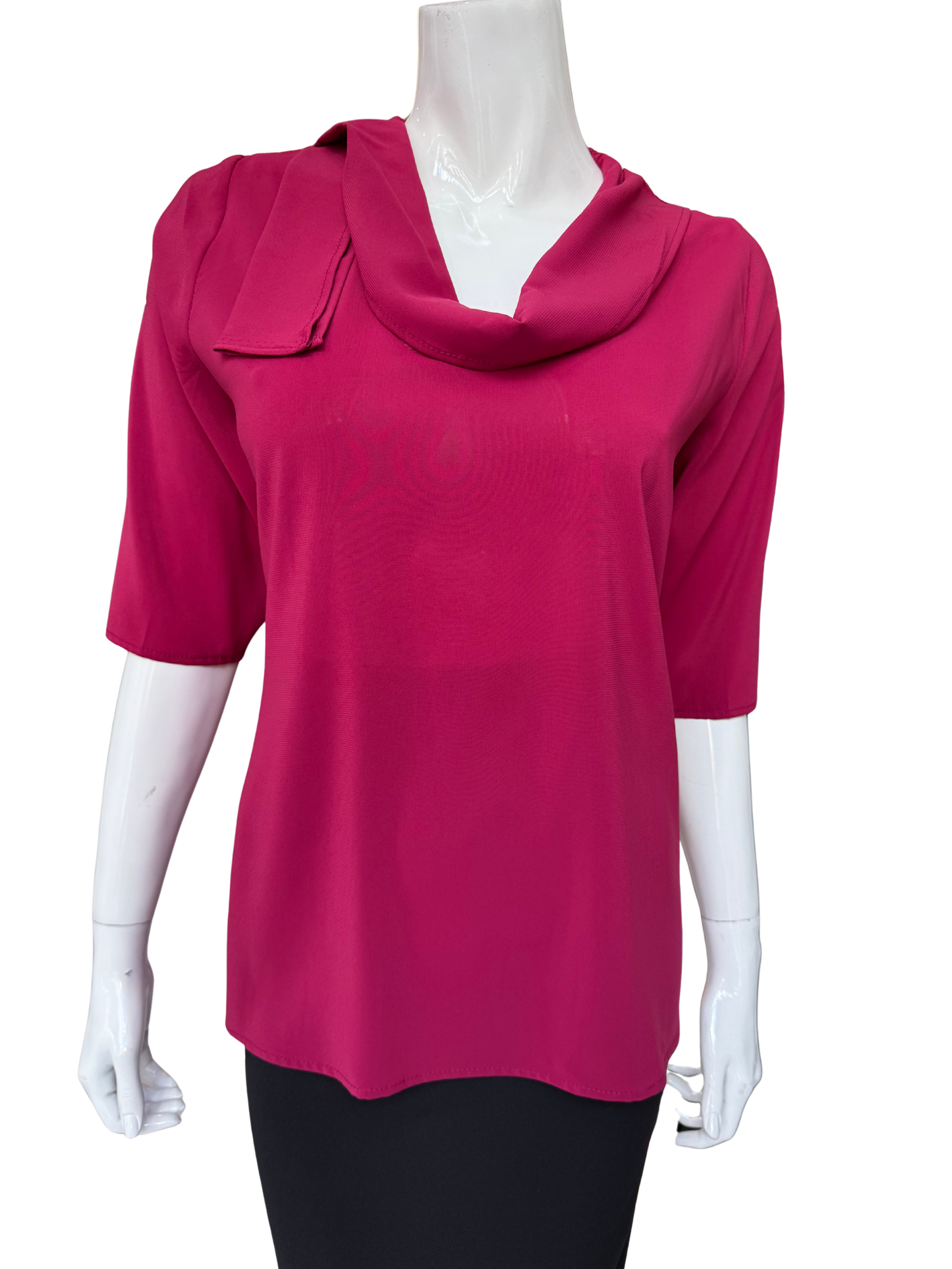 Front view of cranberry cowl neck blouse featuring elegant draping detail and stretch chiffon construction with sophisticated silhouette and rich color