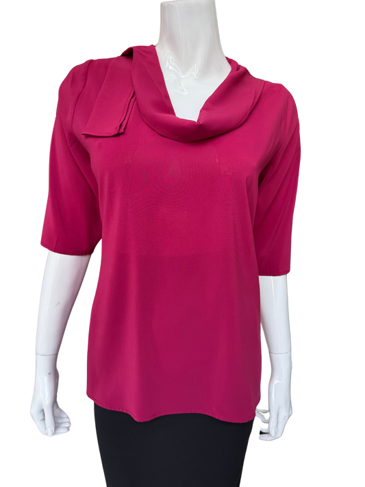 Front view of cranberry cowl neck blouse featuring elegant draping detail and stretch chiffon construction with sophisticated silhouette and rich color
