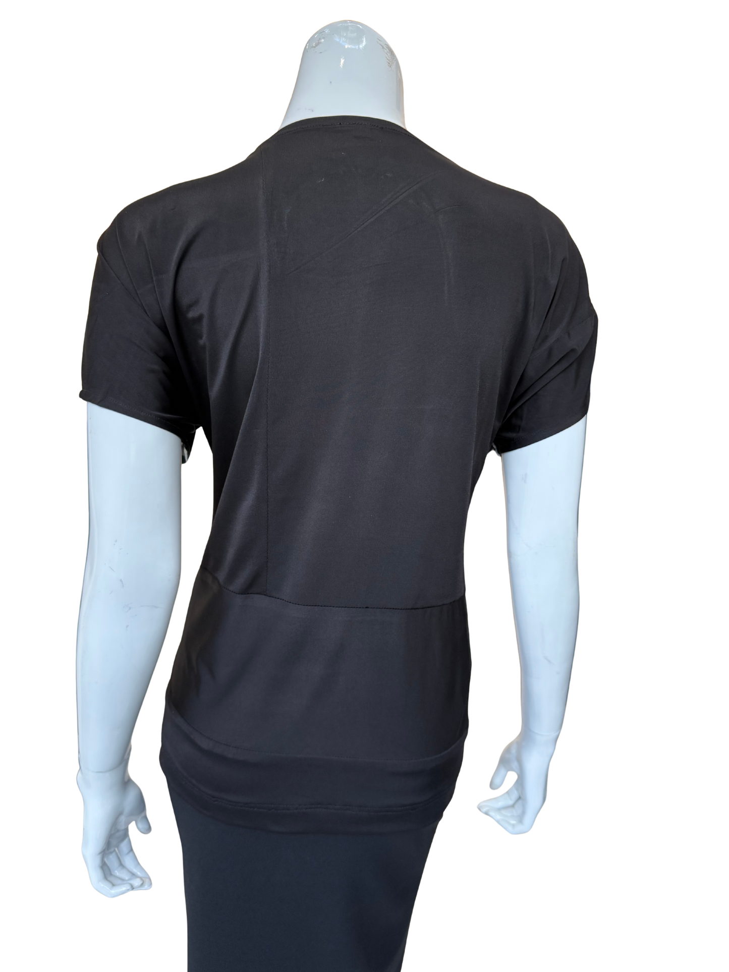 Back view of cowl neck top showing solid black construction with clean lines and comfortable knit fabric in sophisticated silhouette