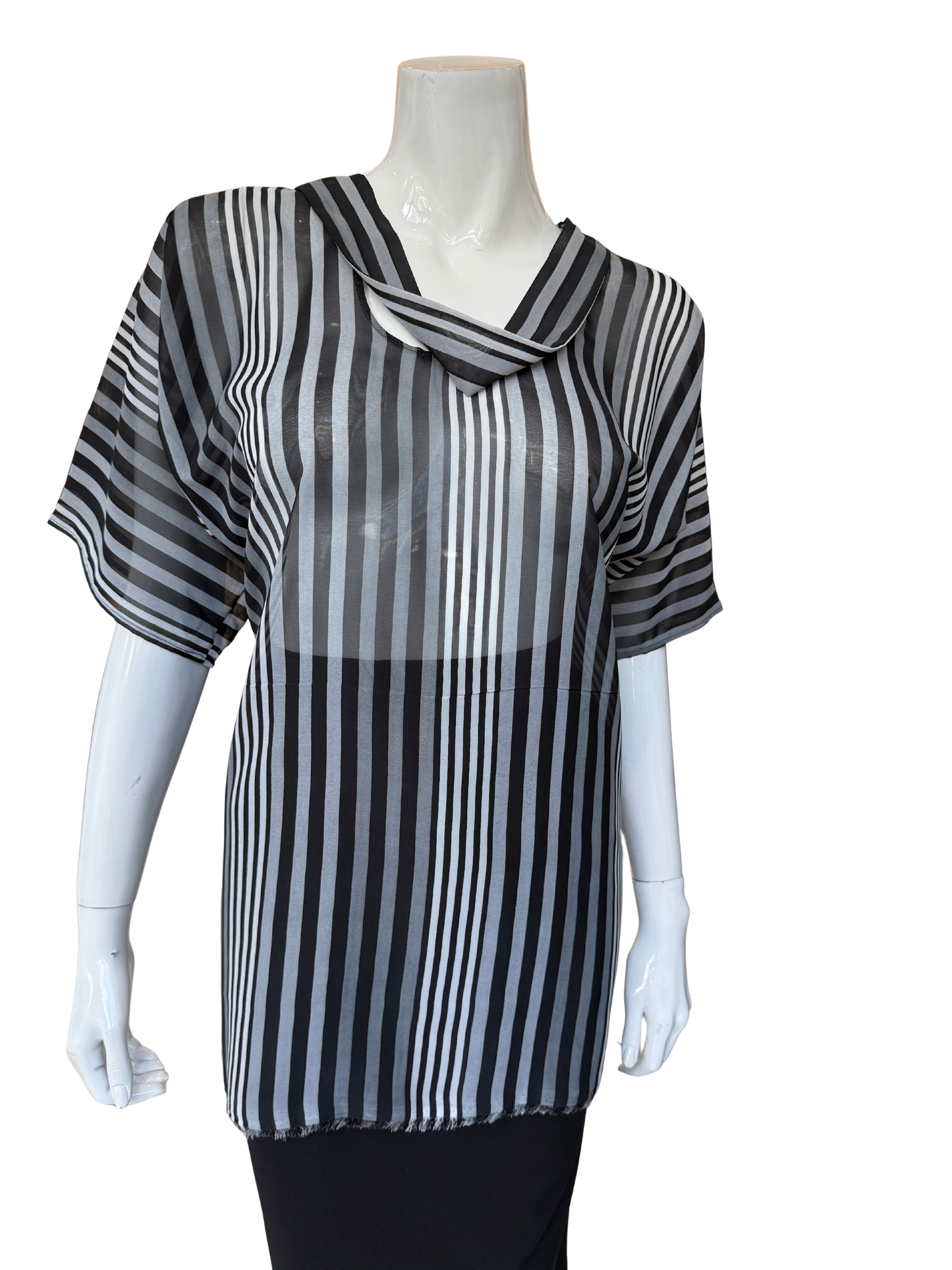 Front view of striped chiffon blouse featuring asymmetrical cowl neckline and multi-tonal stripe pattern creating sophisticated visual movement and contemporary draping detail