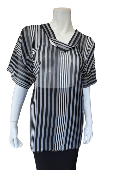 Front view of striped chiffon blouse featuring asymmetrical cowl neckline and multi-tonal stripe pattern creating sophisticated visual movement and contemporary draping detail