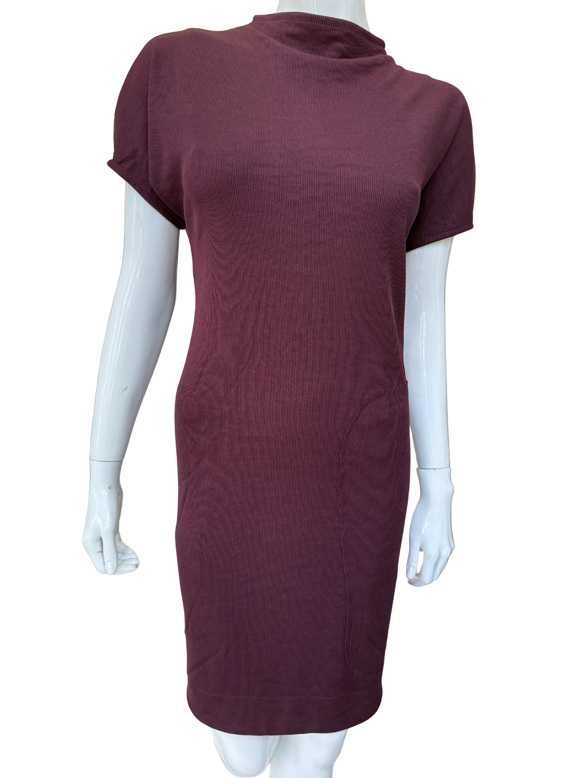 Front view of modern ribbed knit dress in rich burgundy featuring cowl neckline and textured construction with cap sleeves and knee-length silhouette