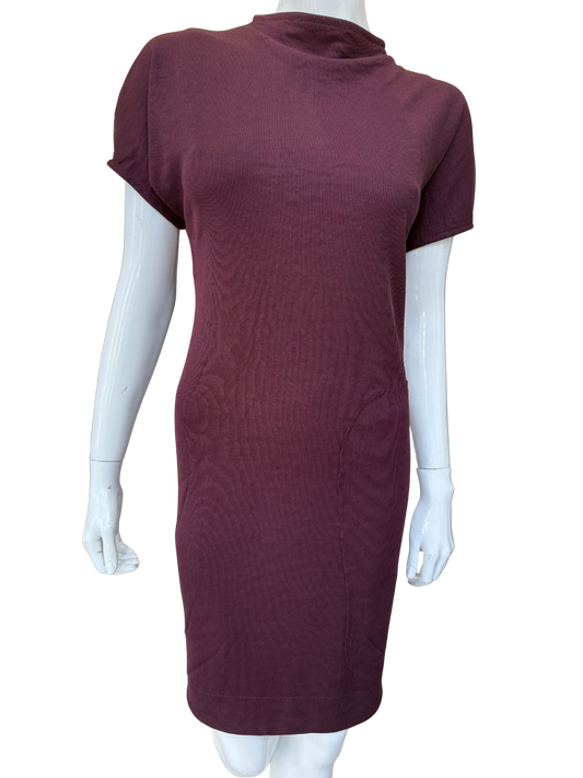 Front view of modern ribbed knit dress in rich burgundy featuring cowl neckline and textured construction with cap sleeves and knee-length silhouette