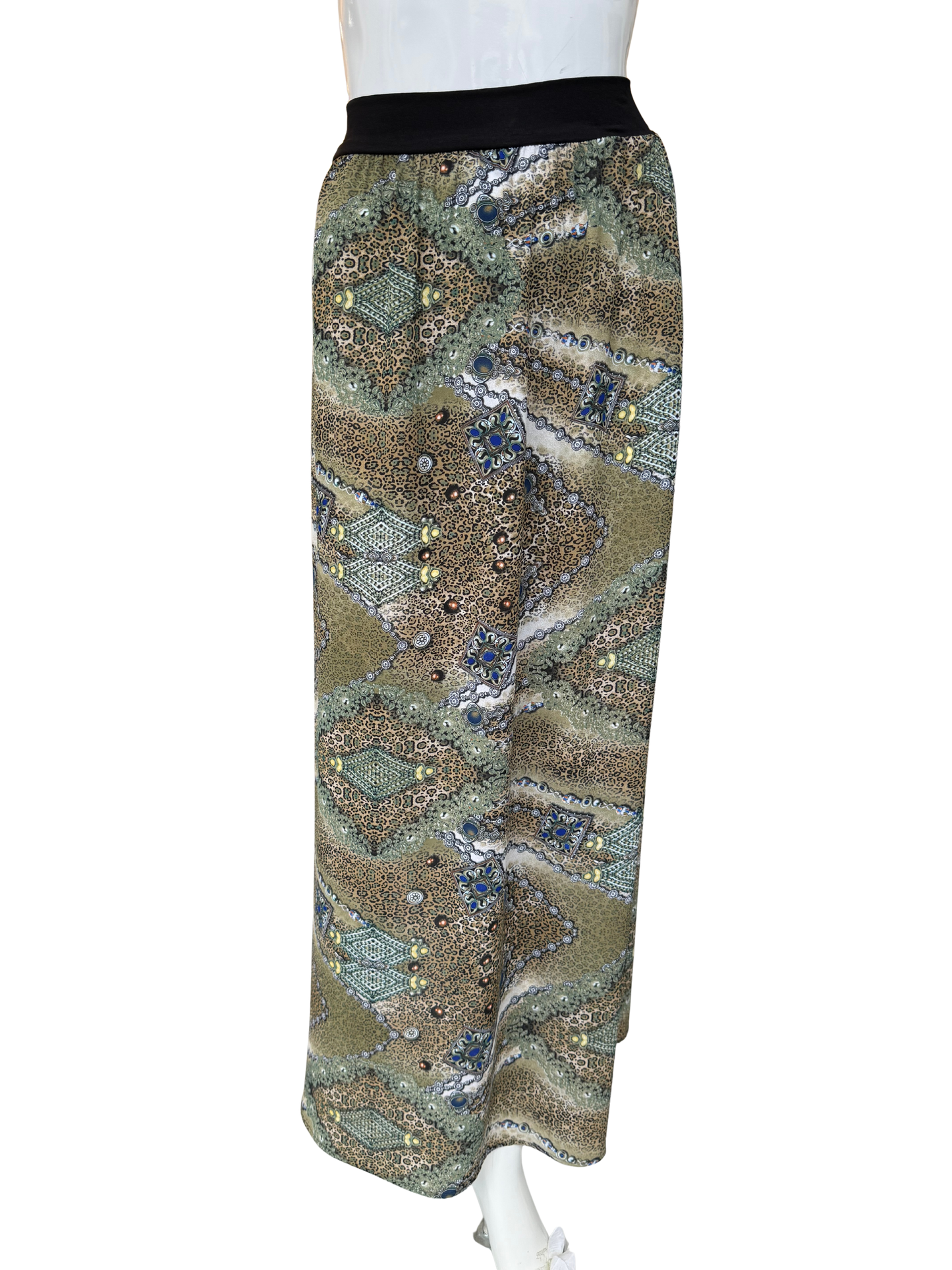 Side view of distinctive paisley print maxi skirt in multi-color georgette showing flowing floor-length silhouette and intricate pattern detail with comfortable black waistband