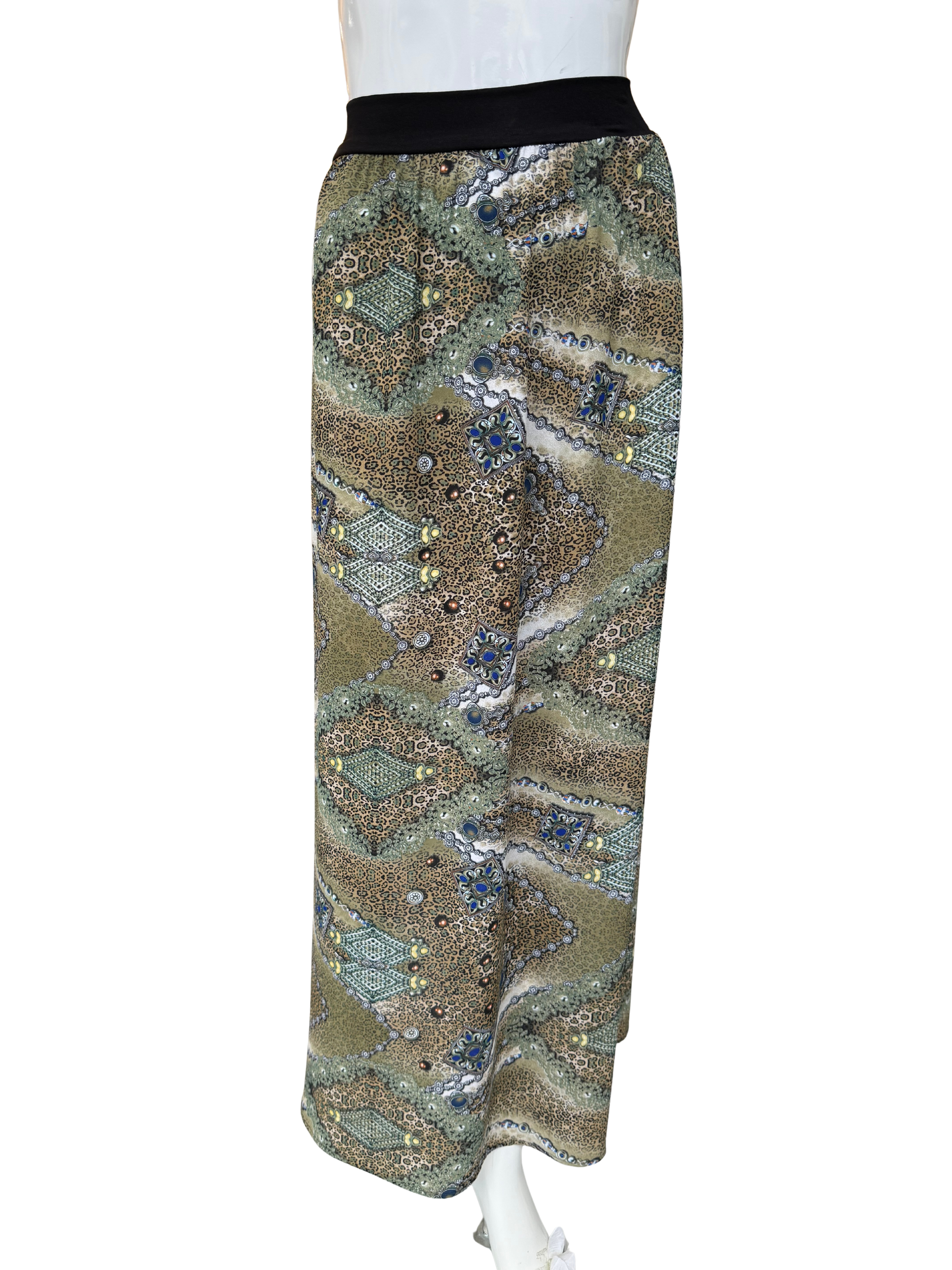 Side view of distinctive paisley print maxi skirt in multi-color georgette showing flowing floor-length silhouette and intricate pattern detail with comfortable black waistband
