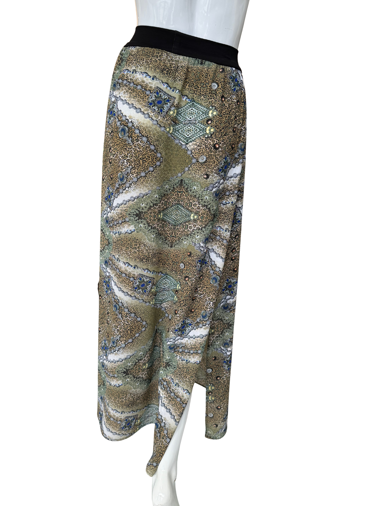 Front view of paisley print georgette maxi skirt featuring rich olive, blue and cream tones with luxurious drape and sophisticated bohemian appeal in quality lightweight construction