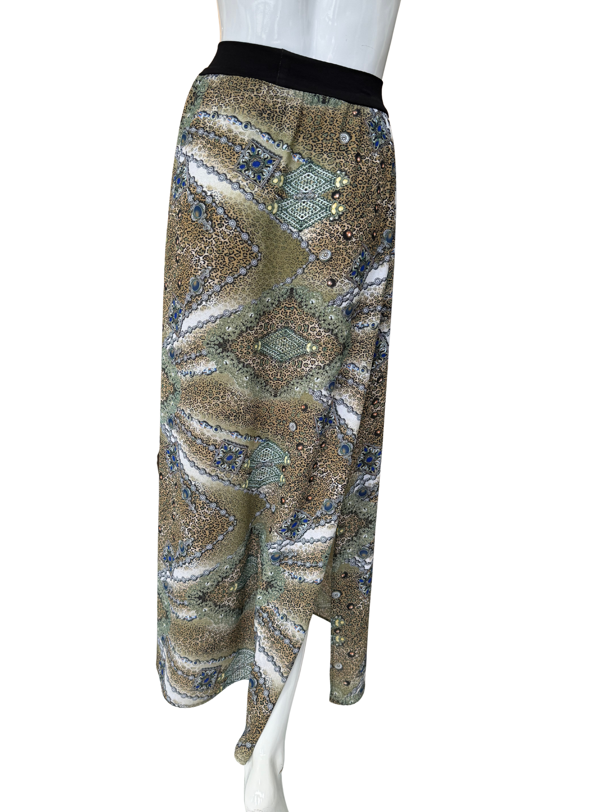 Front view of paisley print georgette maxi skirt featuring rich olive, blue and cream tones with luxurious drape and sophisticated bohemian appeal in quality lightweight construction