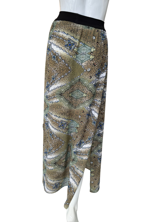 Front view of paisley print georgette maxi skirt featuring rich olive, blue and cream tones with luxurious drape and sophisticated bohemian appeal in quality lightweight construction