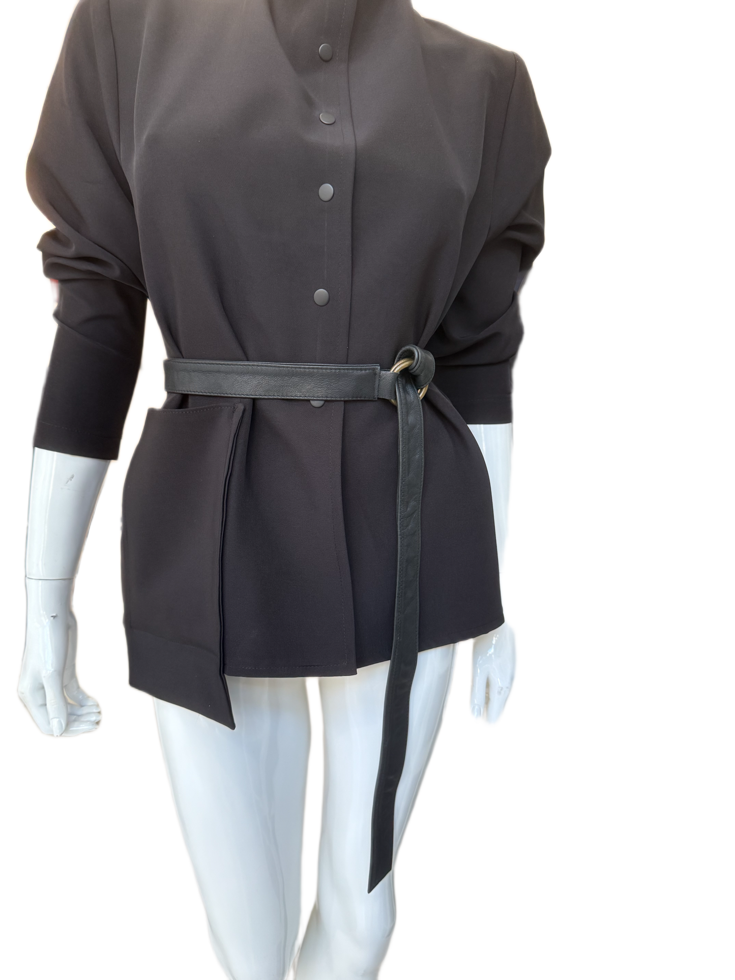 Leather wrap belt detail view showing sleek contemporary design and quality calf skin construction