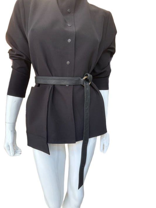 Leather wrap belt detail view showing sleek contemporary design and quality calf skin construction
