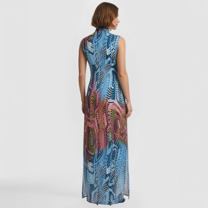Back view of sleeveless maxi shirt dress showing continuous blue and coral palm leaf print wrapping fully around the garment with a clean, uninterrupted A-line fall. Made by SWABY - A New York Fashion Designer.