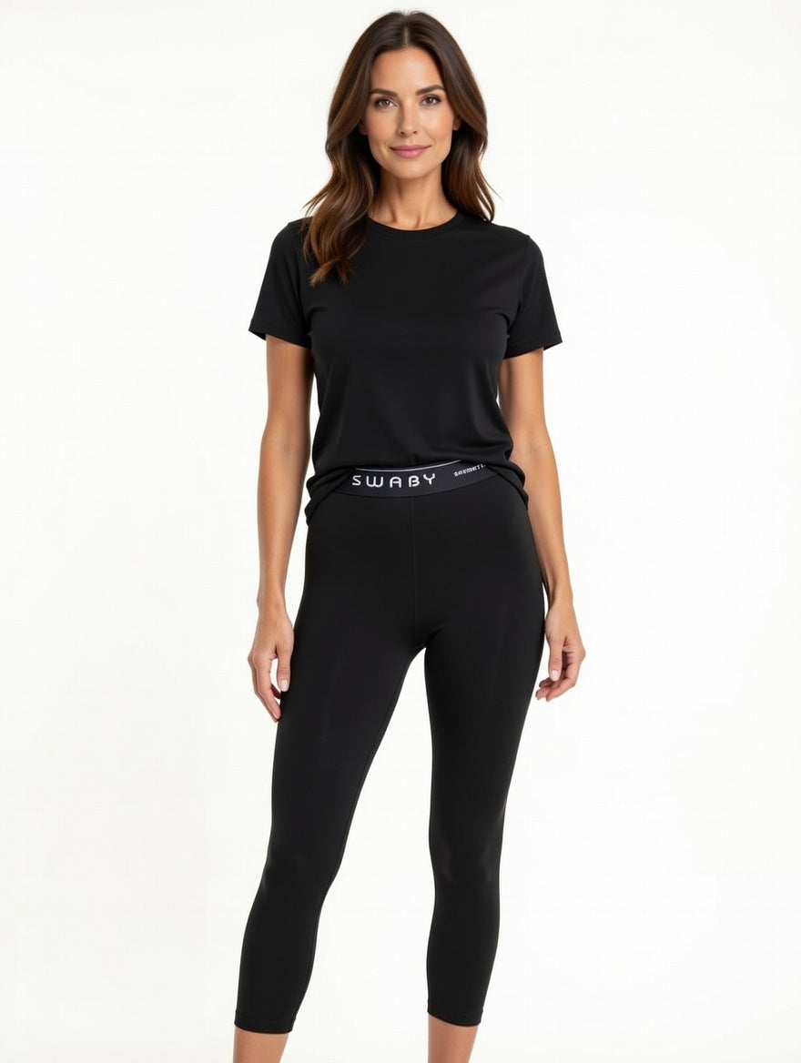 SWABY Capris Leggings as shown on this fashion model. Perfect for everyday wear, sports activities, travel or exercise.