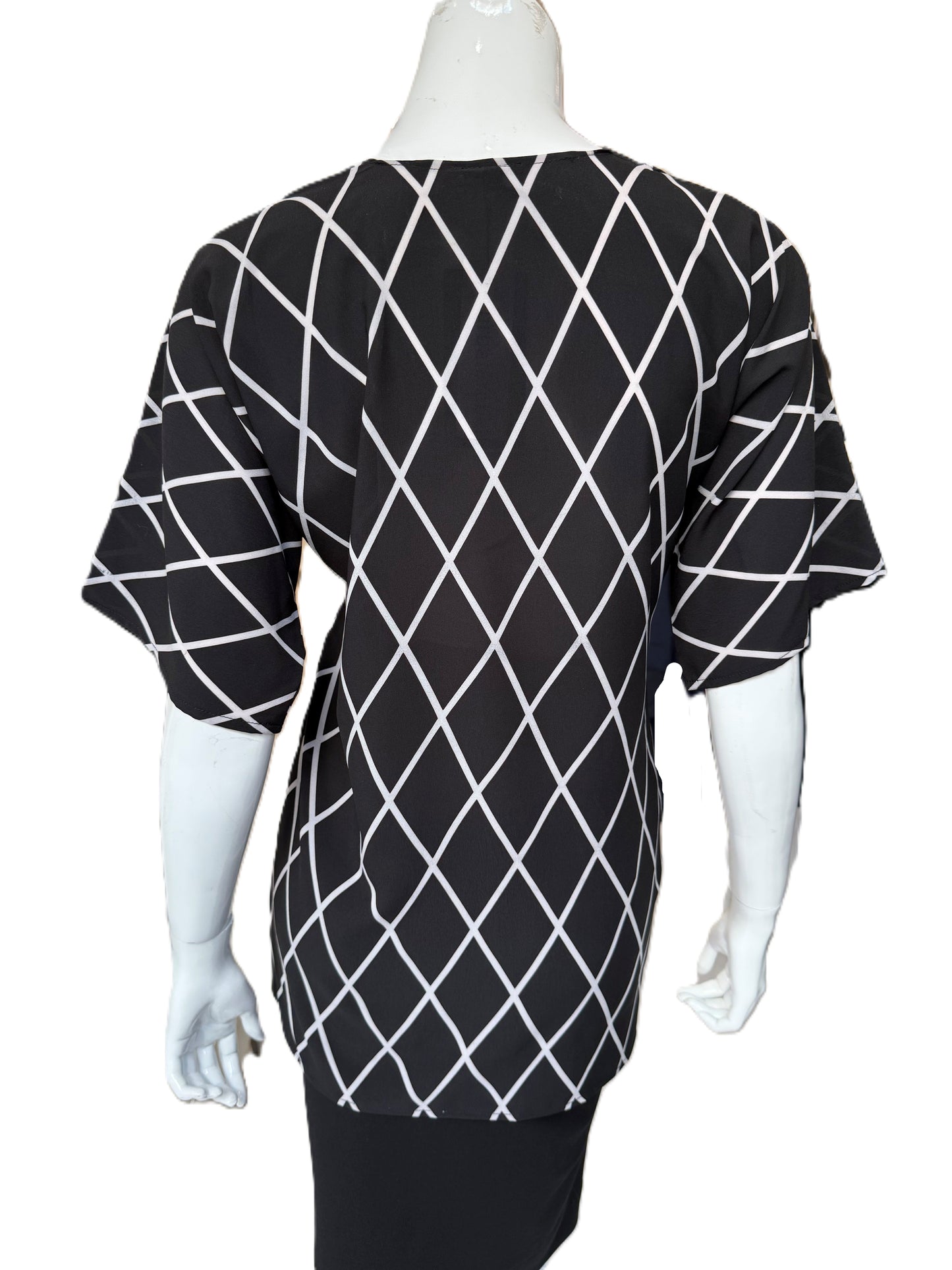 Back view of stretch chiffon blouse displaying continuous diamond print pattern and modern silhouette with quality fabric construction and geometric design