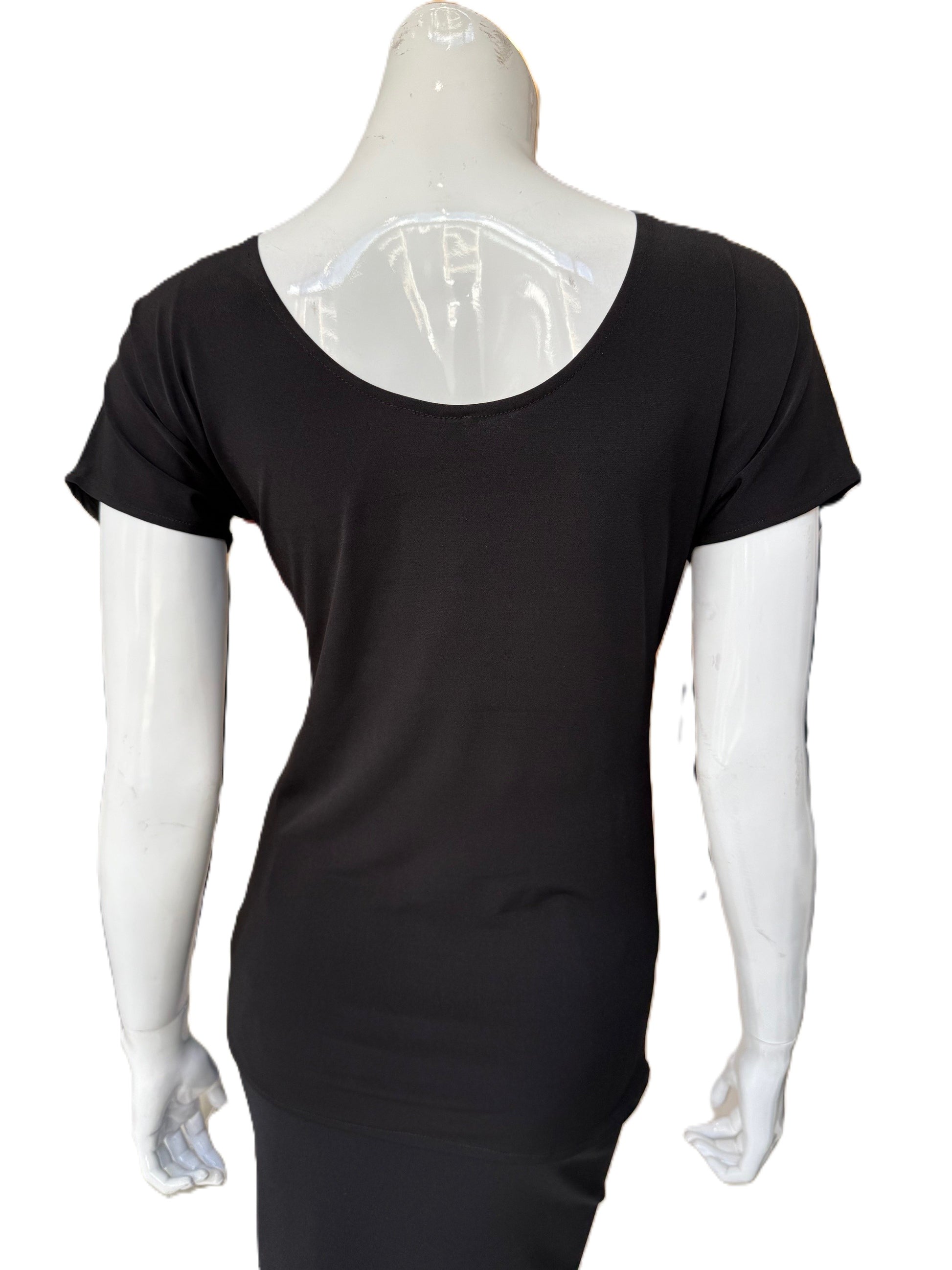 Back view of charcoal blouse showing soft jersey construction and cap sleeve design with comfortable fit and clean line