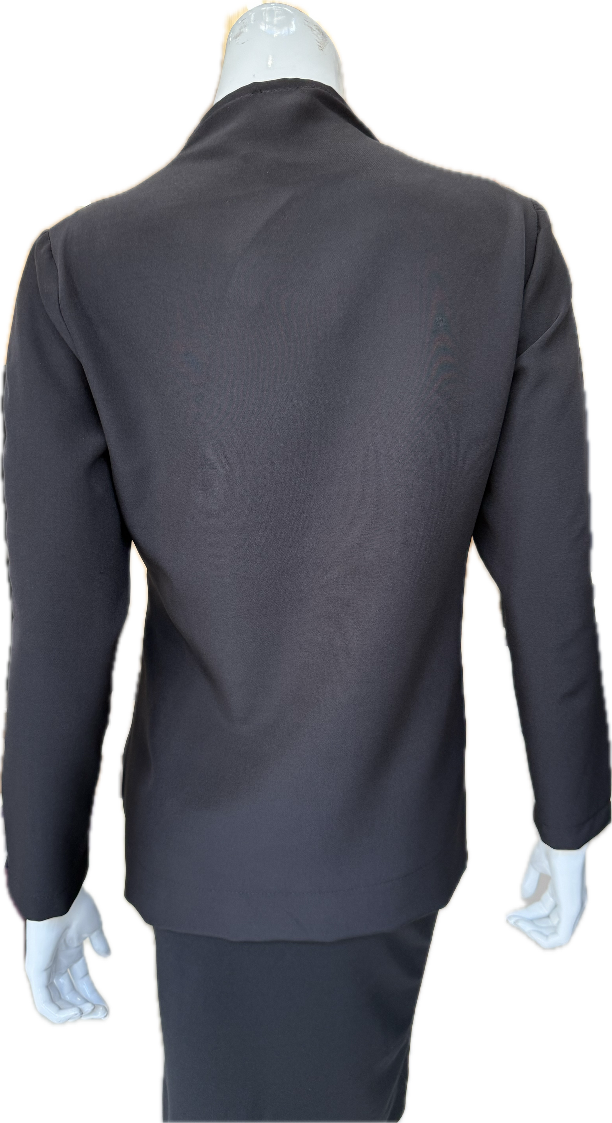 Back view of charcoal woven snap front jacket showing clean lines and structured silhouette with quality fabric construction