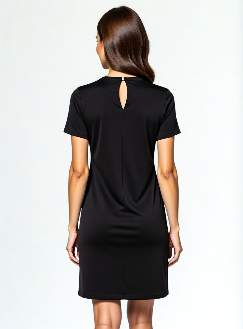 A SWABY model poses facing away from the camera in a black stretch crepe dress - simple clasp at the neck
