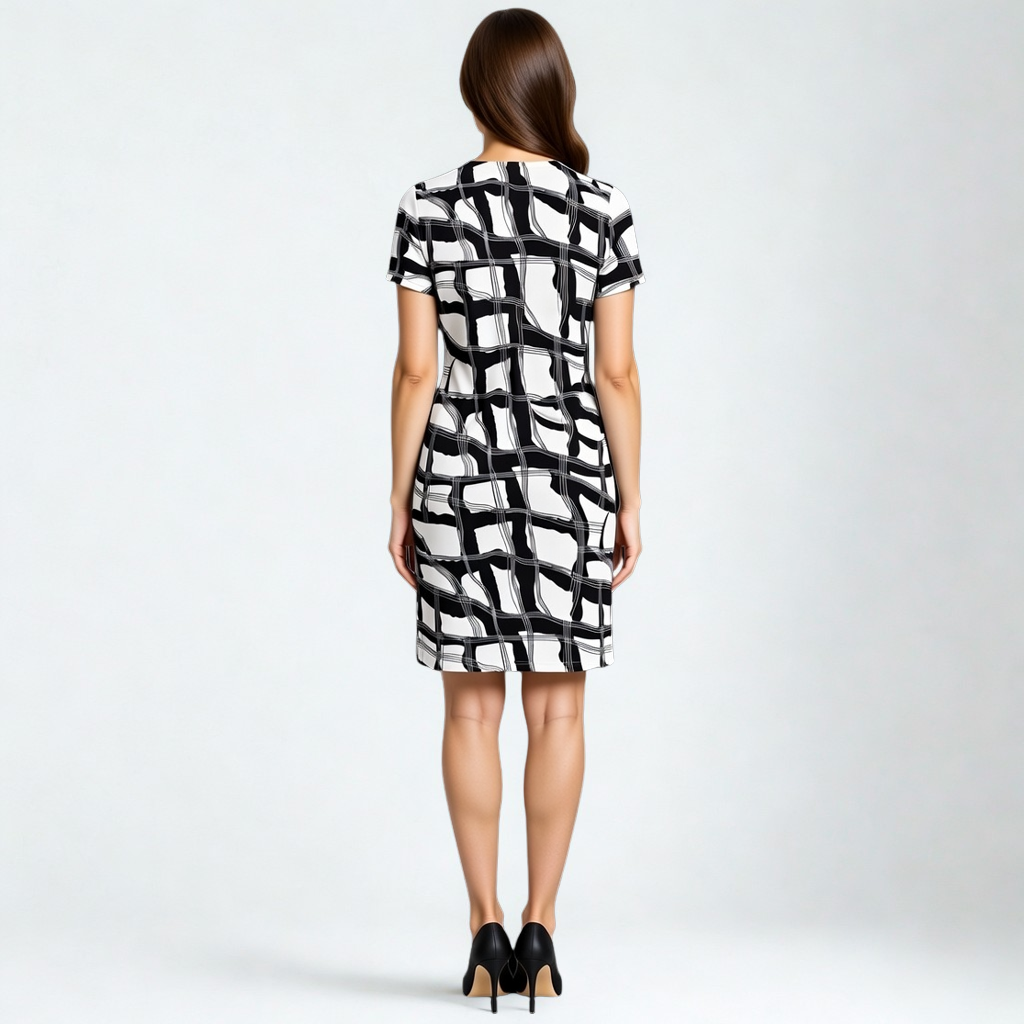 A SWABY model poses, facing away from the camera, in a distinctive black and white patterned dress, knee-length and short sleeves