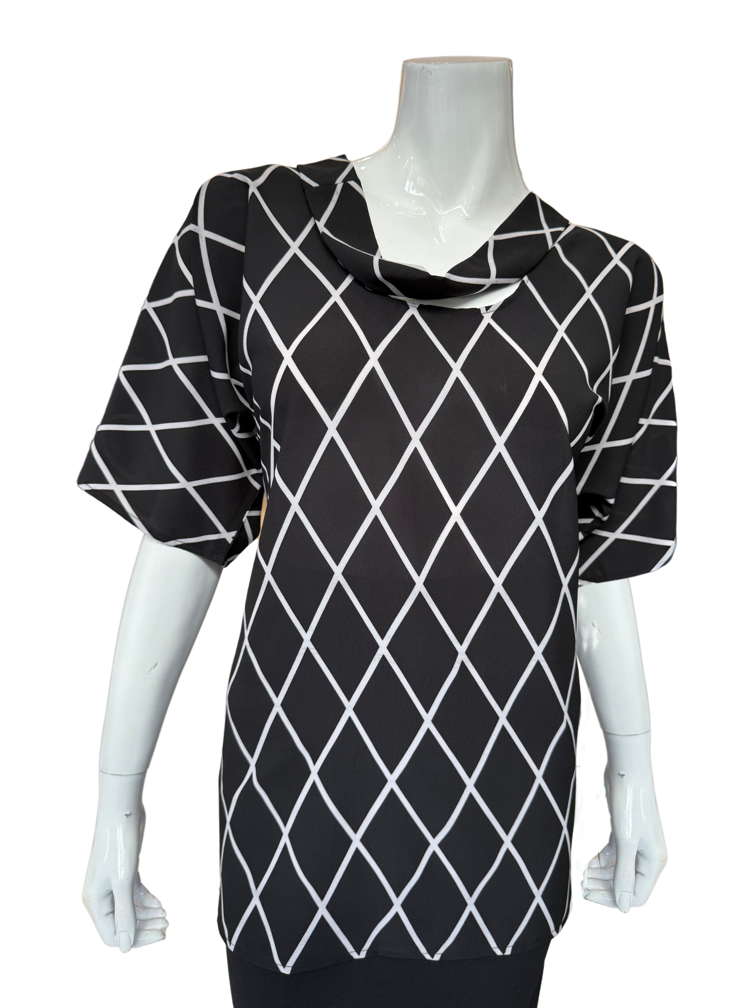 Front view of modern stretch chiffon blouse in black and white diamond lattice print featuring cowl neckline and 3/4 sleeves with geometric pattern
