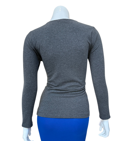 Back view of charcoal cotton lycra top showing clean construction and comfortable stretch fit with quality fabric and sophisticated silhouette