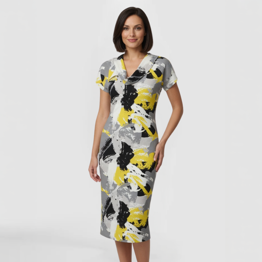 Short-sleeve knee-length dress in abstract brushstroke print of gray, black, white, and yellow with cowl neckline and fitted silhouette. Made by SWABY - A New York Fashion Designer.