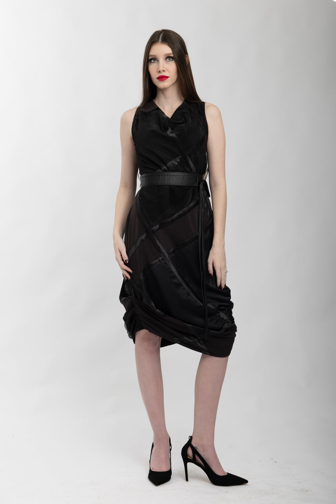 Black draped dress with asymmetric detailing