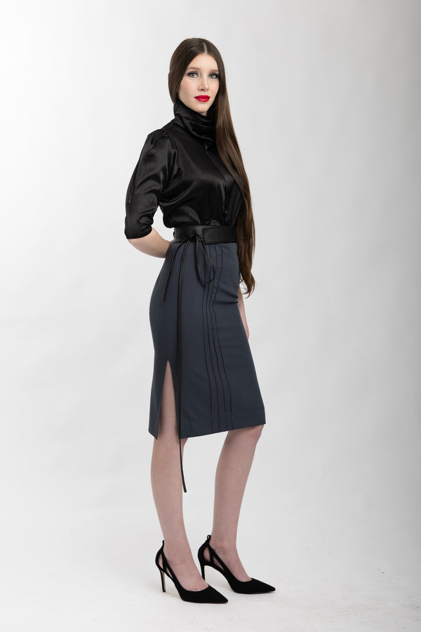 Black draped top with gray pencil skirt