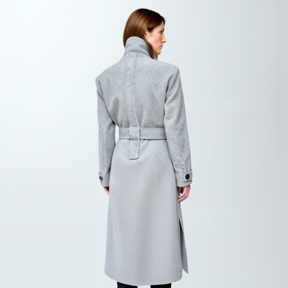 SWABY Elyse Coat in Mercury Fog—back view showing tied belt and full-length silhouette with side slits