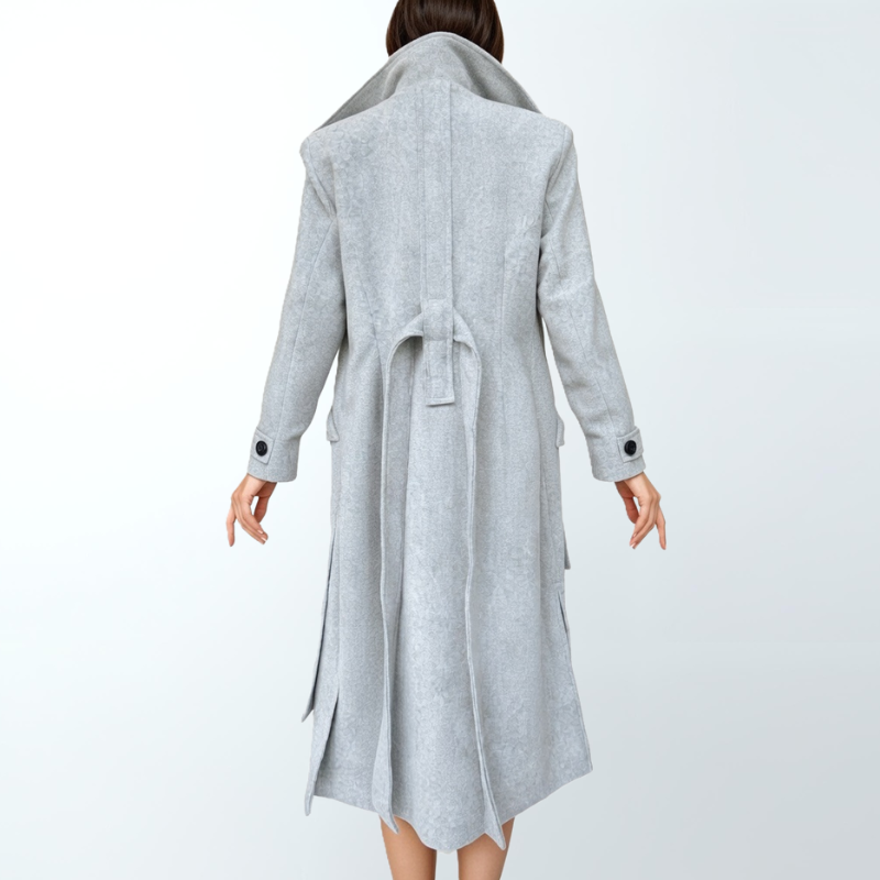 SWABY Elyse Coat in Mercury Fog—back view highlighting structured fit and tailored belt closure