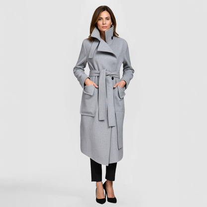 SWABY Elyse Coat in Mercury Fog—full-length front view styled with black trousers and heels, showing belted waist and relaxed collar