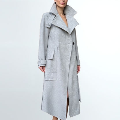 SWABY Elyse Coat in Mercury Fog—detail view of asymmetric collar, button closure, and deep front pockets