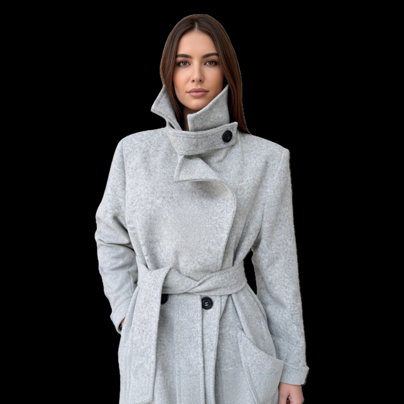 SWABY Elyse Coat in Mercury Fog—three-quarter view showing structured, buttoned high collar and belted waist against black background