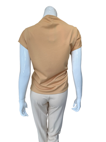 Back view of camel watercolor blouse showing solid coordinating base and relaxed fit with quality construction and comfortable styling proportions