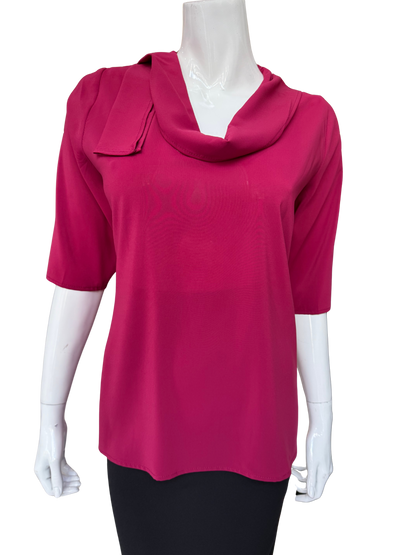 Front view of cranberry cowl neck blouse featuring elegant draping detail and stretch chiffon construction with sophisticated silhouette and rich color
