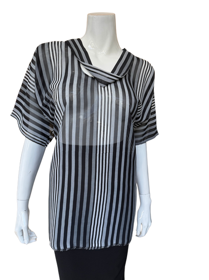 Front view of striped chiffon blouse featuring asymmetrical cowl neckline and multi-tonal stripe pattern creating sophisticated visual movement and contemporary draping detail