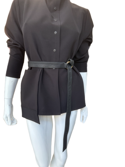 Leather wrap belt detail view showing sleek contemporary design and quality calf skin construction