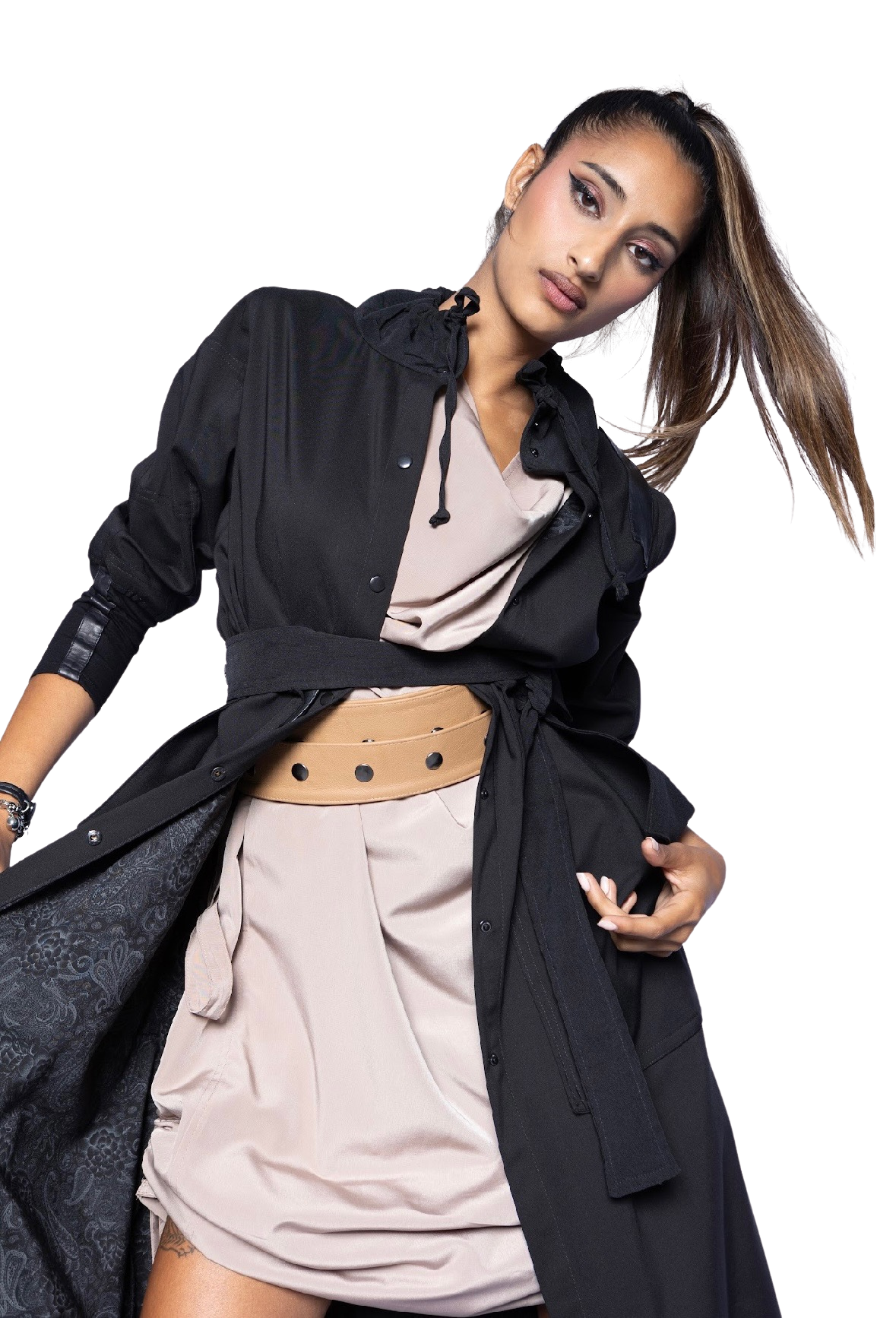 Model wearing black Mary Jane Jacket open over neutral outfit, showcasing dramatic collar detail and sophisticated layering with statement belt