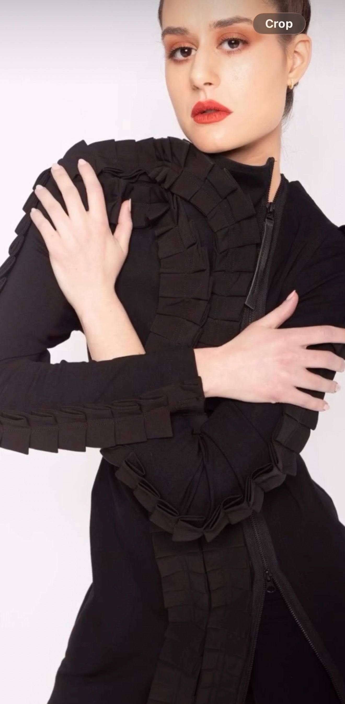 The Stairs Jacket is a striking couture masterpiece, shown here on a SWABY fashion model