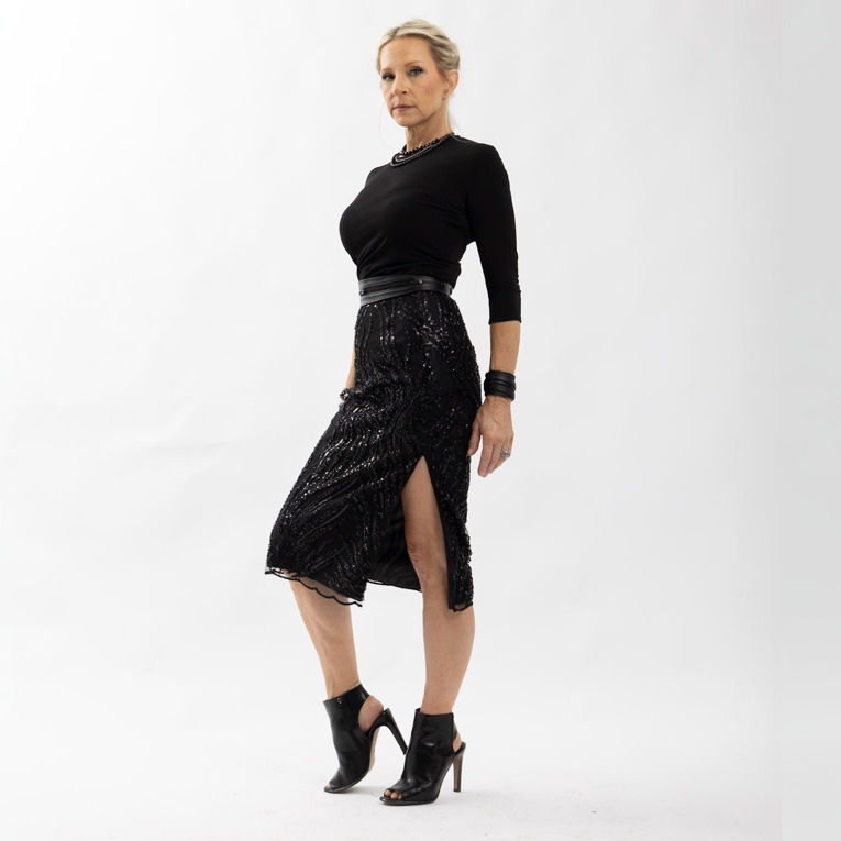 SWABY Paige Skirt a silk, sequin, beaded skirt, shown with a black long sleeve evening top