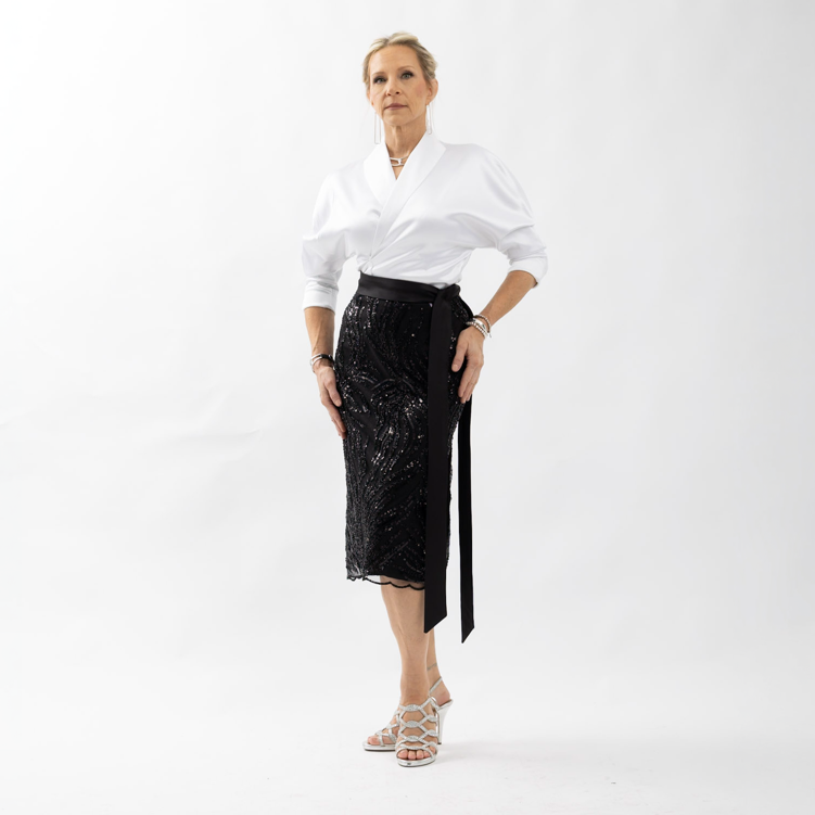 SWABY Paige Skirt - a silk sequin, beaded, shown with a sophisticated SWABY white blouse