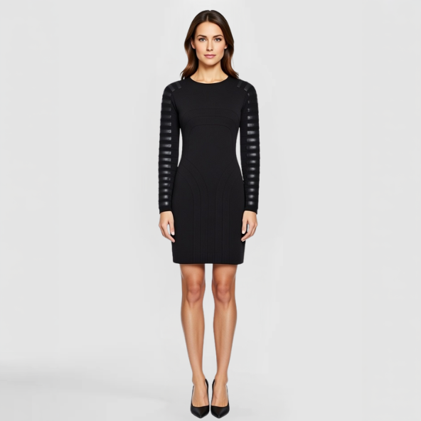 A model poses in a black Razor Dress with black leather patches on the sleeves